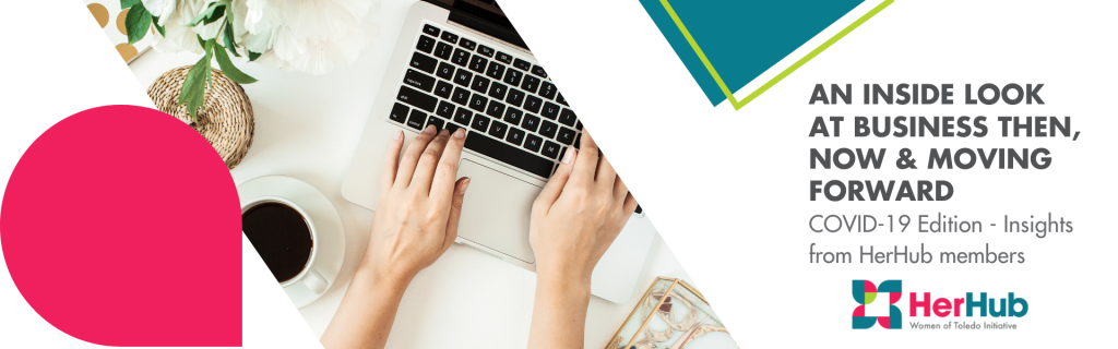 Blog Banner Graphic for Covid-19 post displaying graphical elements and feminine hands working on a laptop.