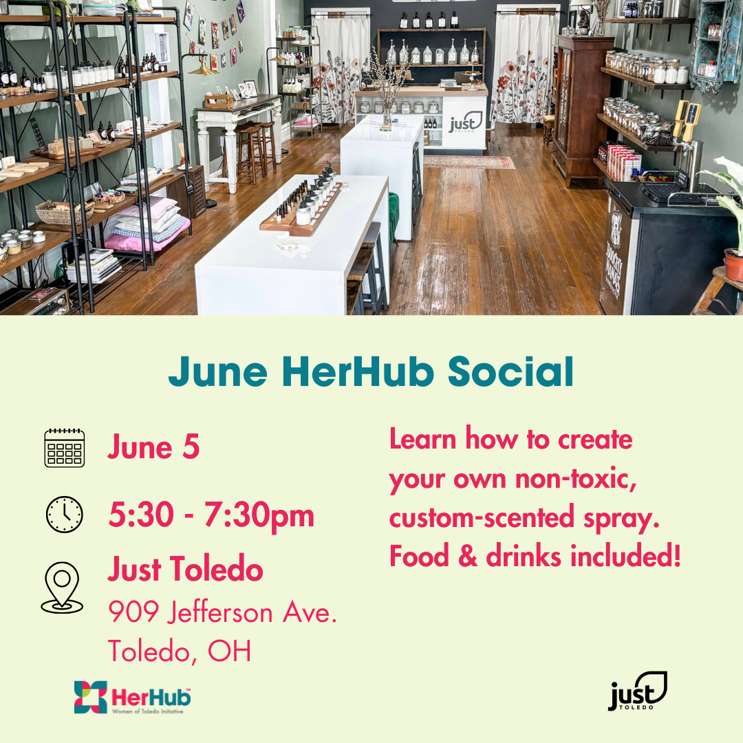 June HerHub event details with the bright and sunny Just Toledo shop in the background.